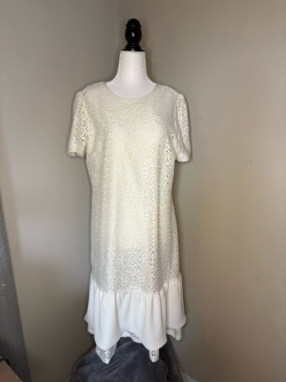 Michael Kors Cream Lace Short-Sleeve Mini Dress with Ruffled Hem
